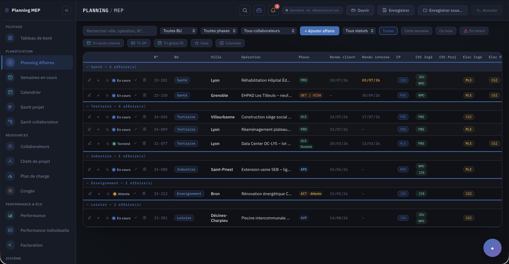 Interface Planning MEP — planning des affaires