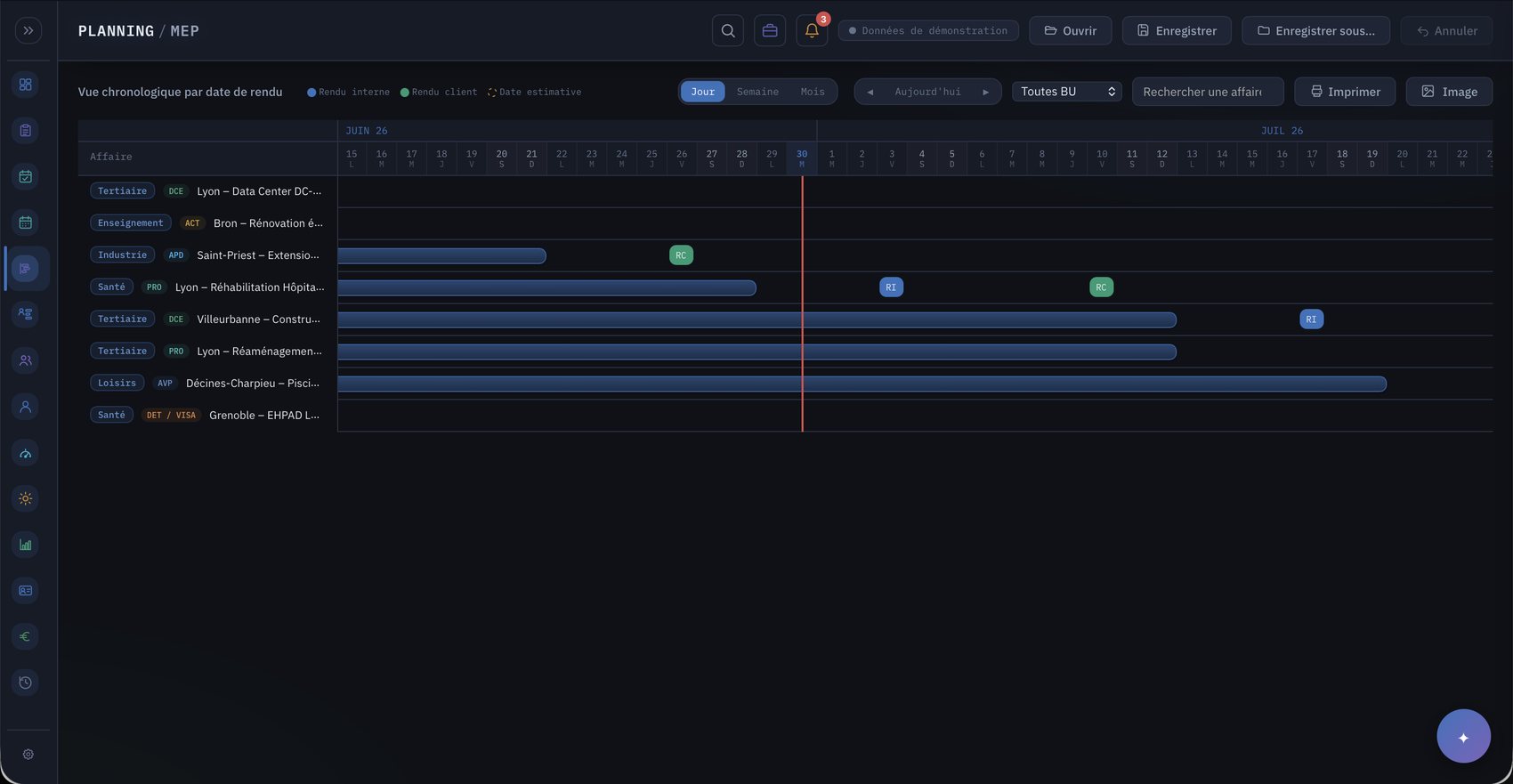 Vue Gantt chronologique de Planning MEP